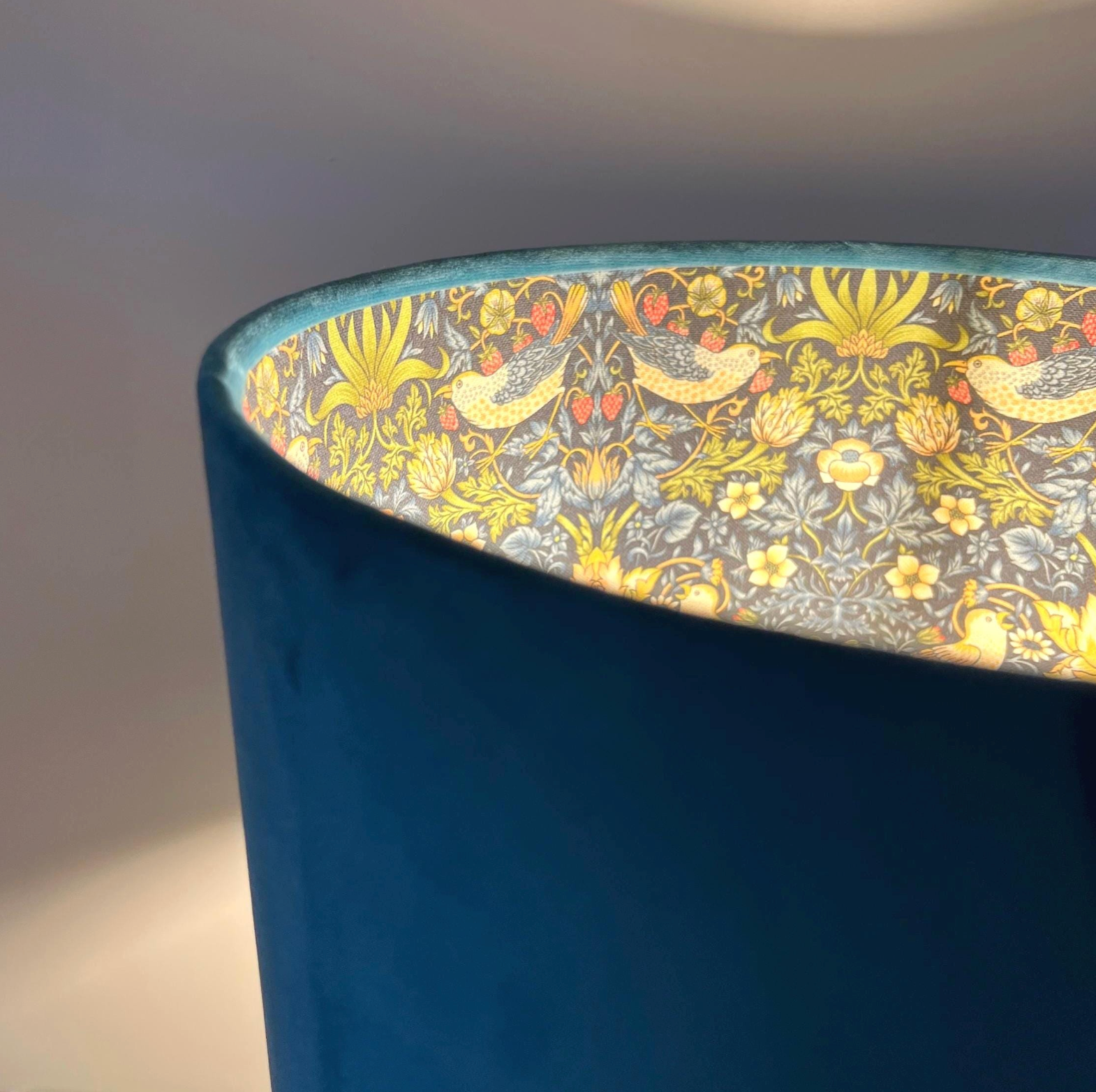 Teal velvet drum lampshade, double sided lampshade, with strawberry thief navy cotton interior