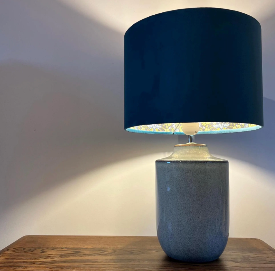 Teal velvet drum lampshade, double sided lampshade, with strawberry thief navy cotton interior