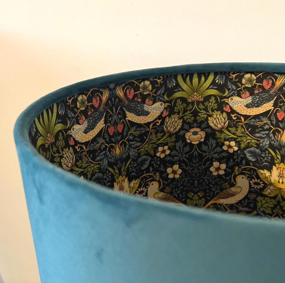 Teal velvet drum lampshade, double sided lampshade, with strawberry thief navy cotton interior