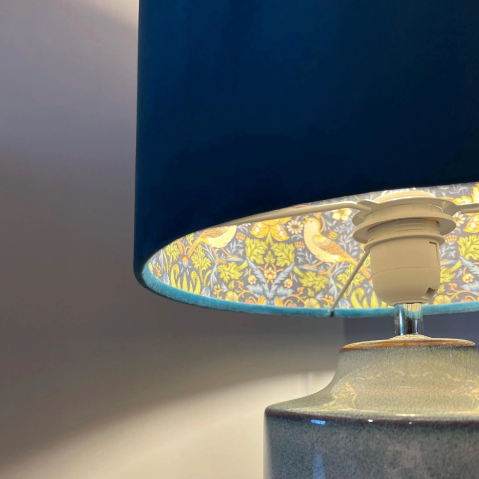 Teal velvet drum lampshade, double sided lampshade, with strawberry thief navy cotton interior