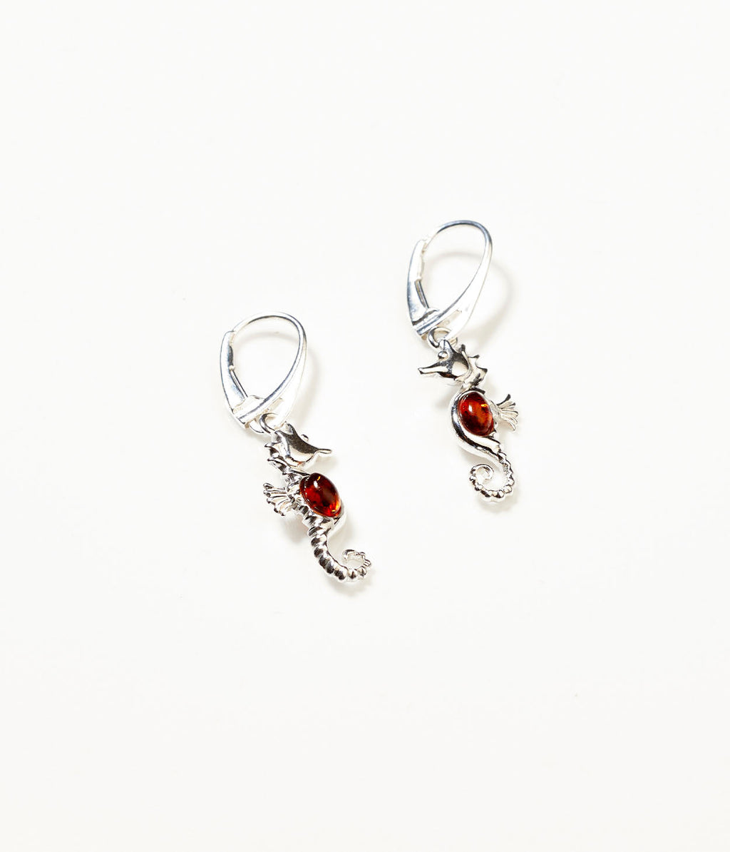 Amber Seahorse Drop Earrings in Sterling Silver