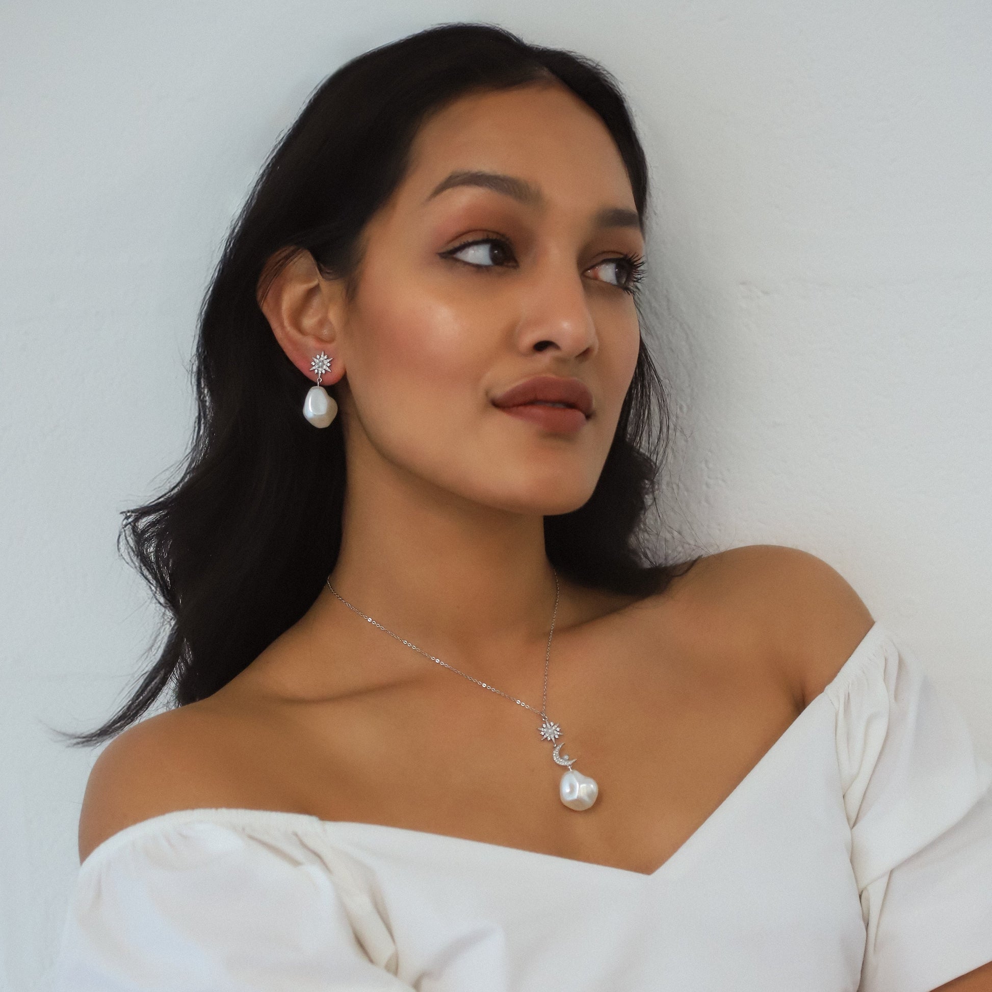 Pearl Drop Earrings in Sterling Silver with Moon and Star Studs