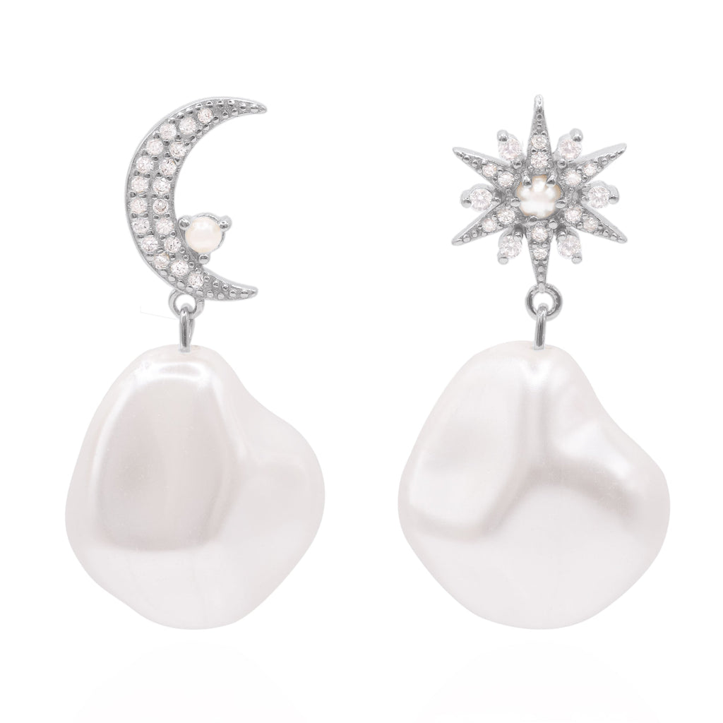 Pearl Drop Earrings in Sterling Silver with Moon and Star Studs