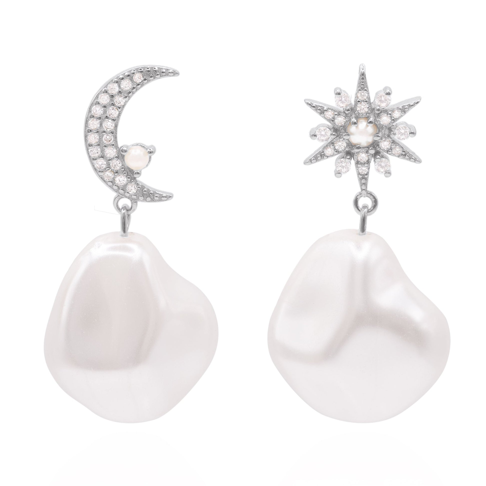 Pearl Drop Earrings in Sterling Silver with Moon and Star Studs