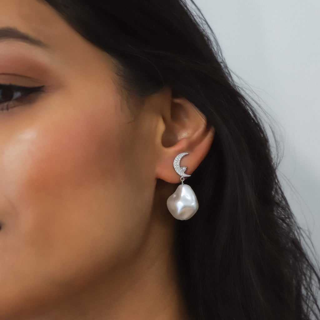 Pearl Drop Earrings in Sterling Silver with Moon and Star Studs