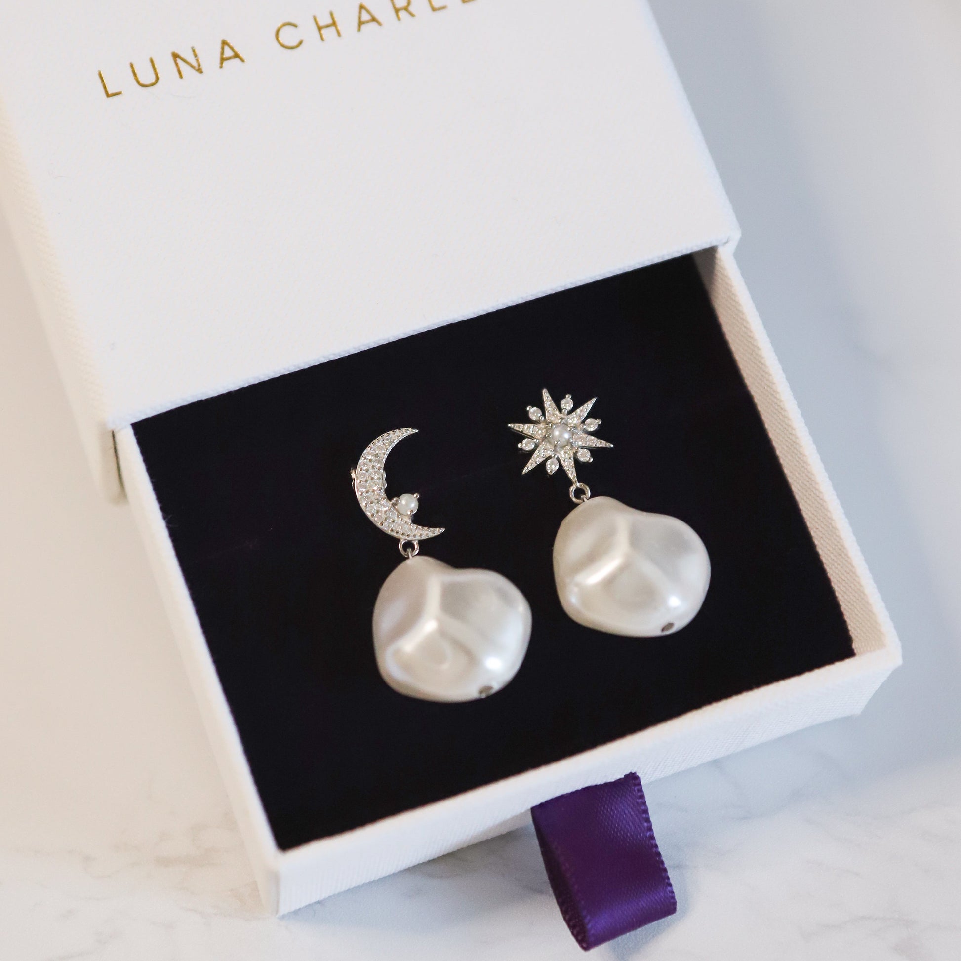 Pearl Drop Earrings in Sterling Silver with Moon and Star Studs