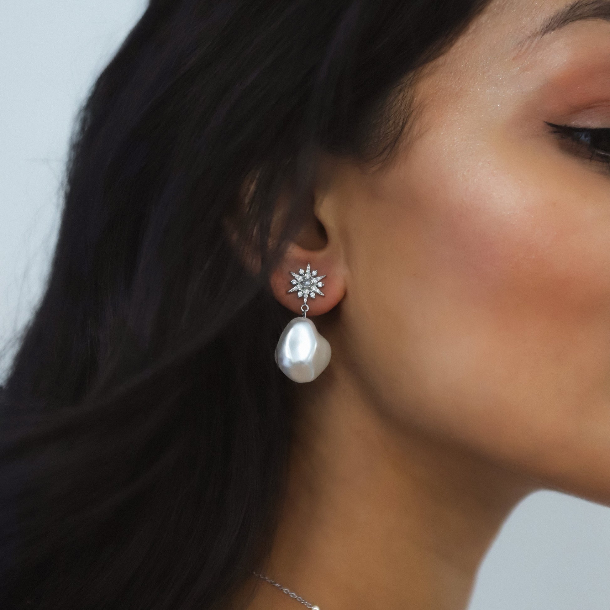 Pearl Drop Earrings in Sterling Silver with Moon and Star Studs