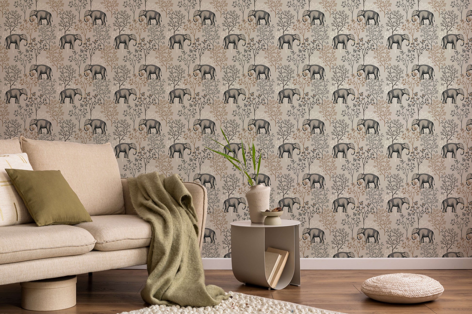Shenton Elephant Wallpaper in Soft Brown