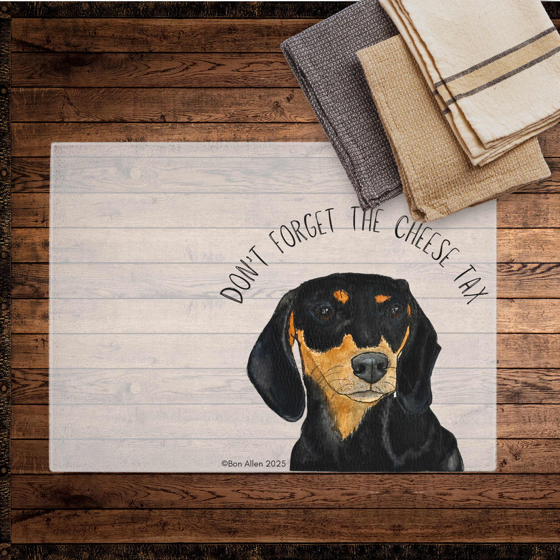 Dachshund Glass Chopping Board with Cheese Tax Design