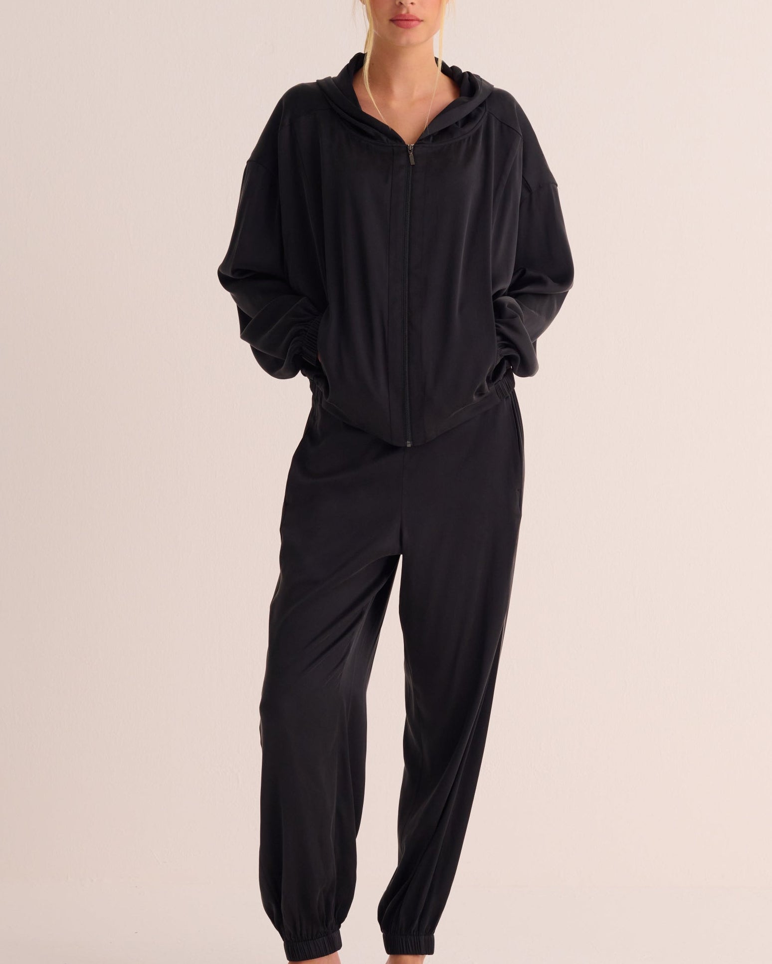 Black Washable Organic Stretch Silk Bomber Jacket