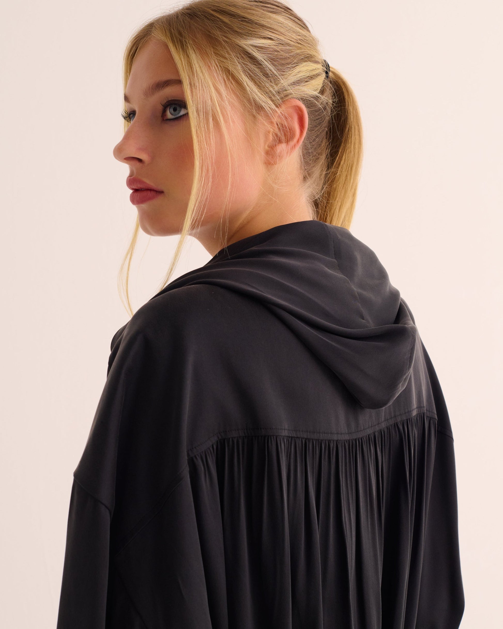 Black Washable Organic Stretch Silk Bomber Jacket