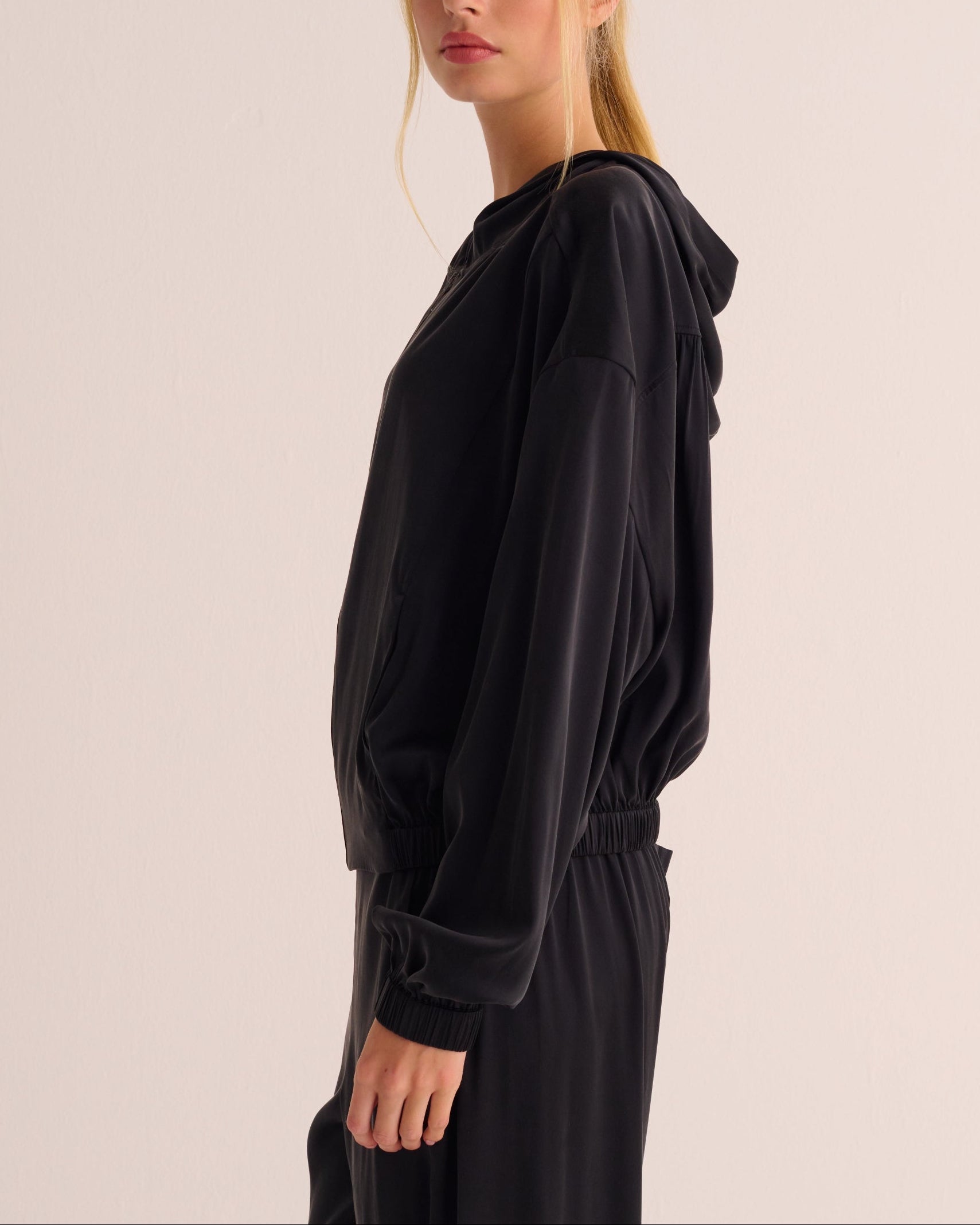 Black Washable Organic Stretch Silk Bomber Jacket