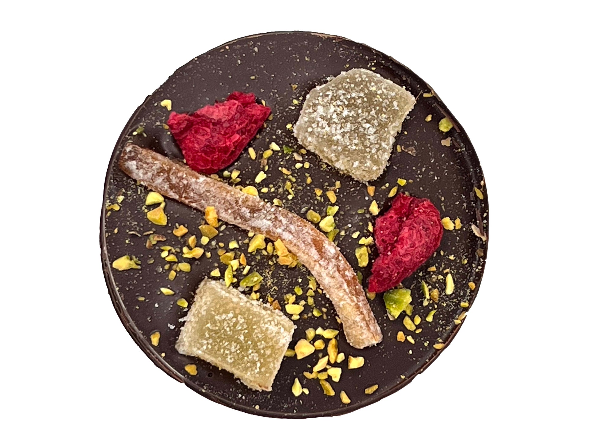 Giant Dark Chocolate Mendiants with Ginger, Orange and Pistachios