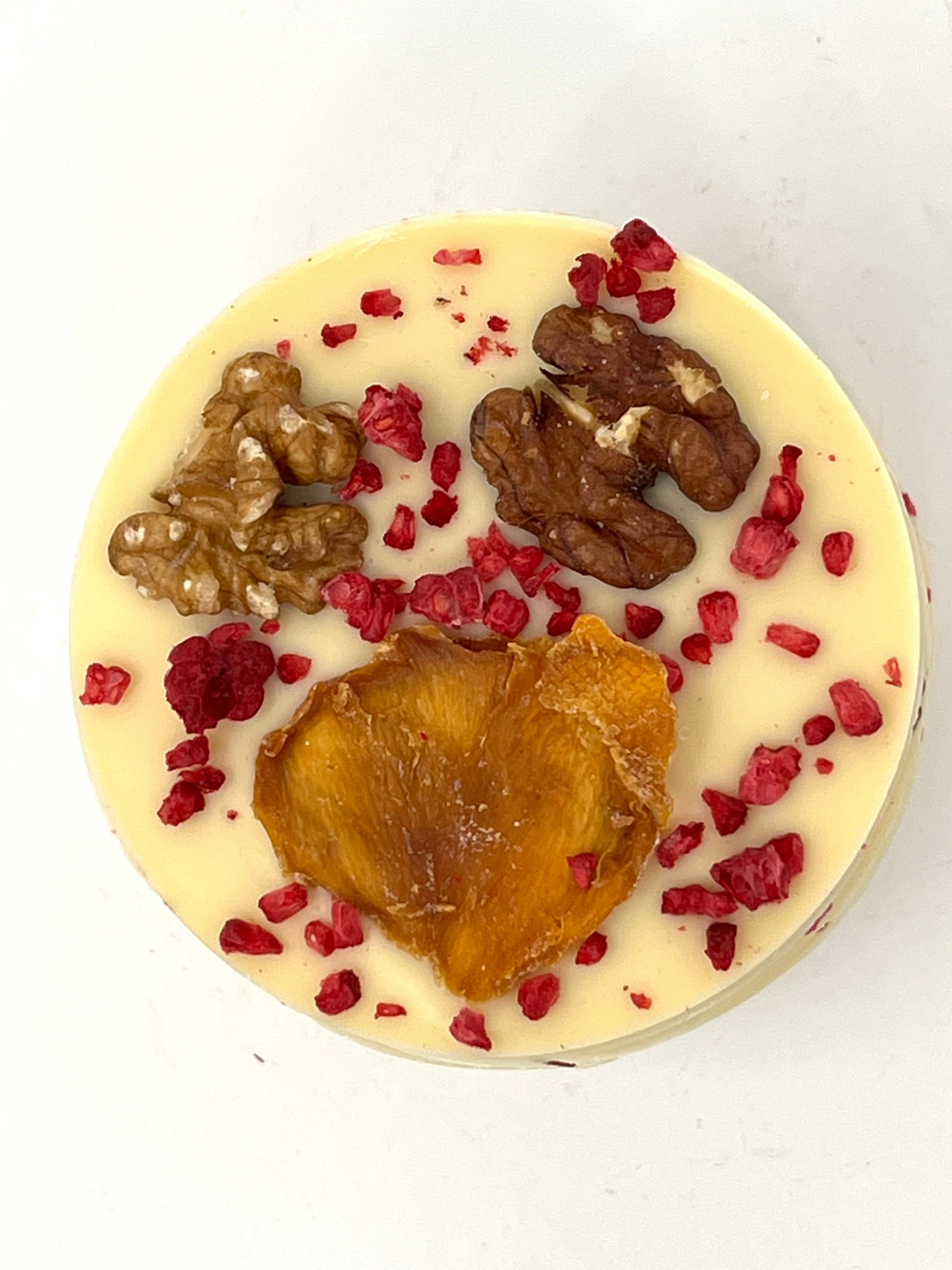 Handmade Giant White Chocolate Mendiants with Raspberries, Mango and Walnuts
