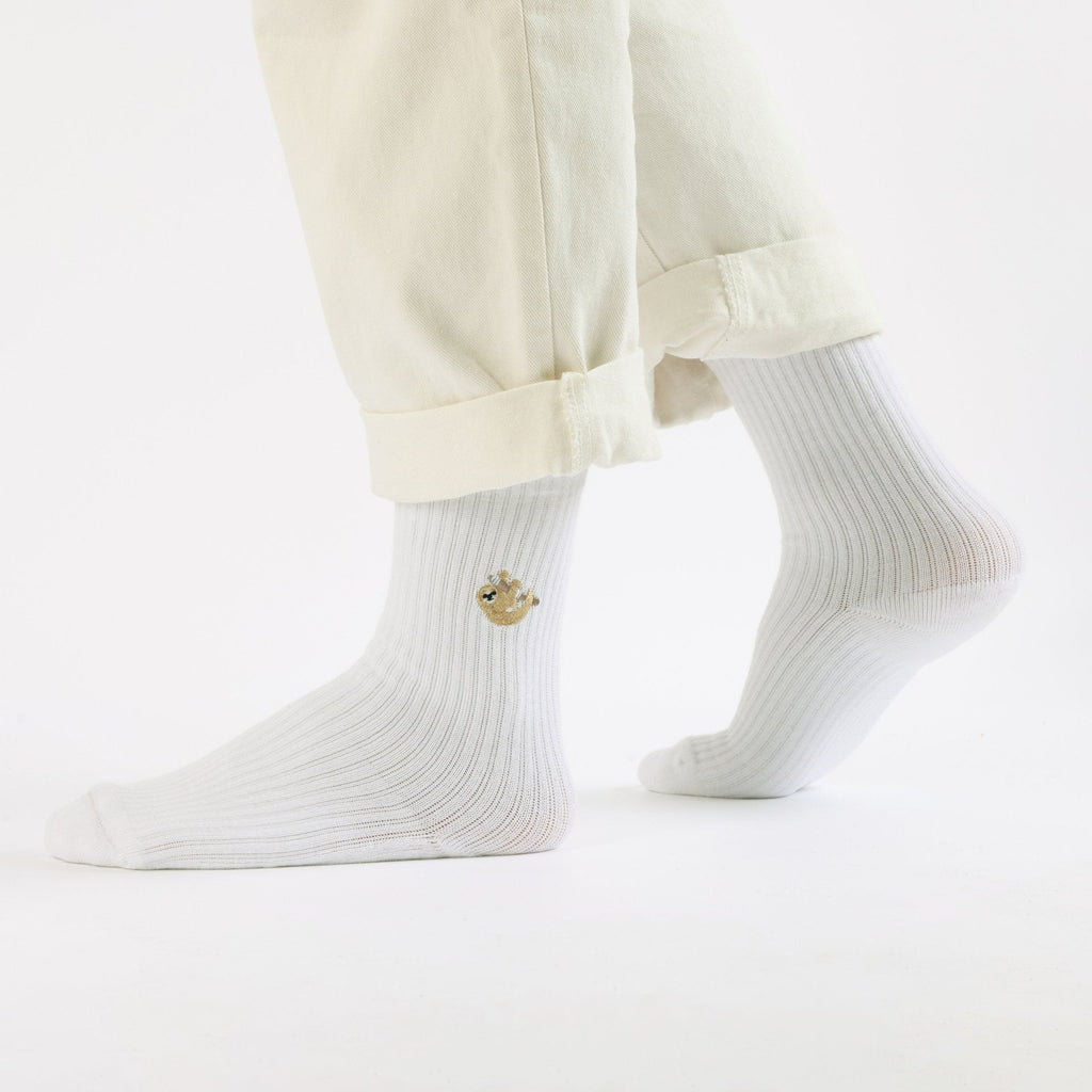 Ribbed Bamboo Socks with Embroidered Sloth Motif