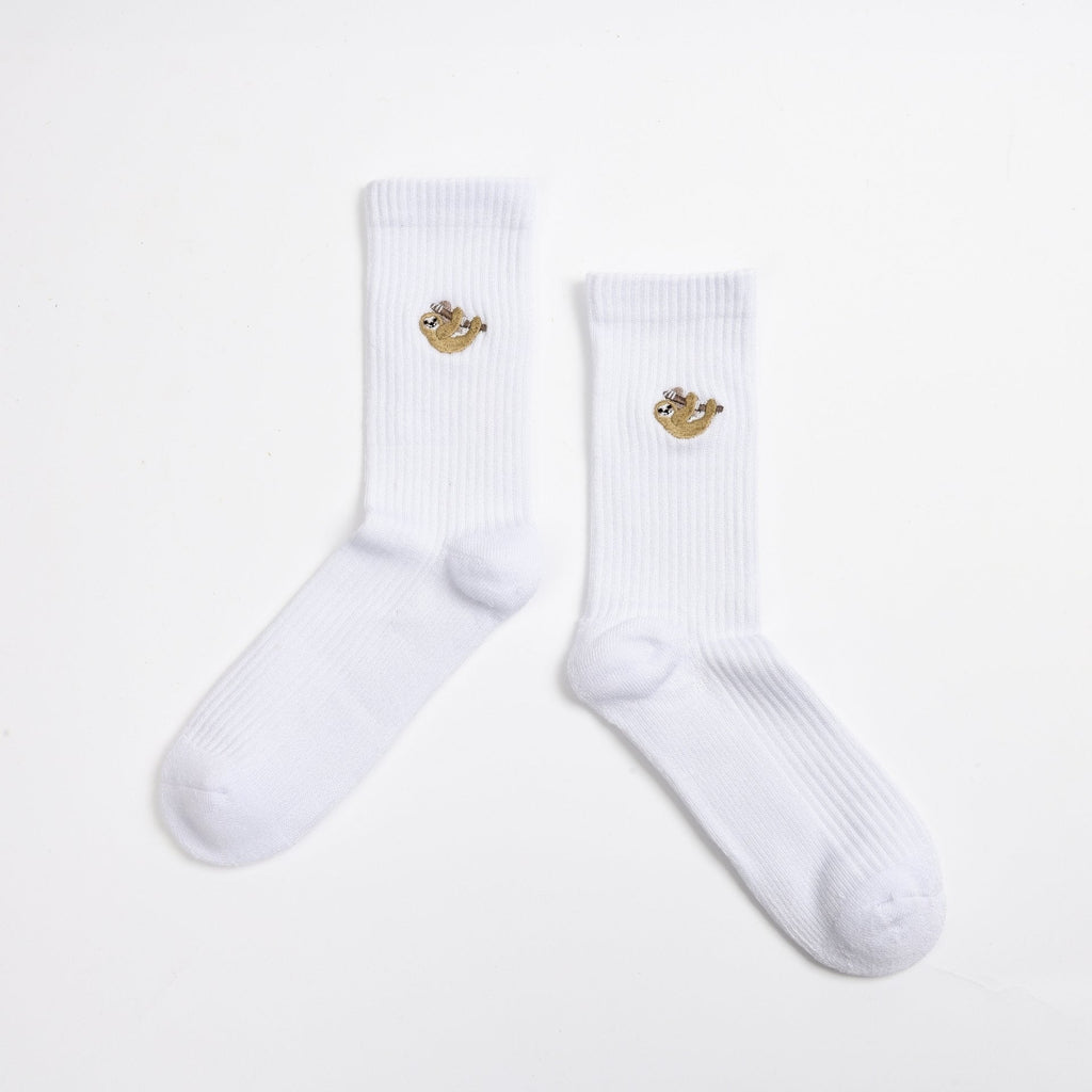Ribbed Bamboo Socks with Embroidered Sloth Motif
