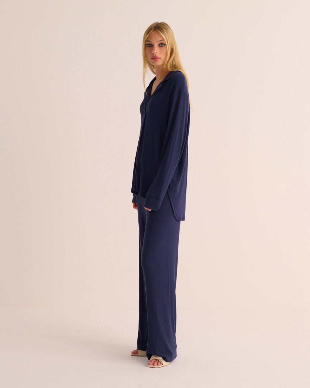 Navy Oversized Retro Ribbed Soft Modal Shirt and Wide Leg Jogger Set