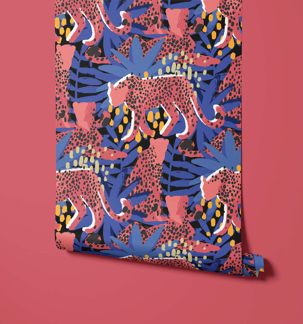 Spot Tropical Wallpaper with Leopards and Leaves