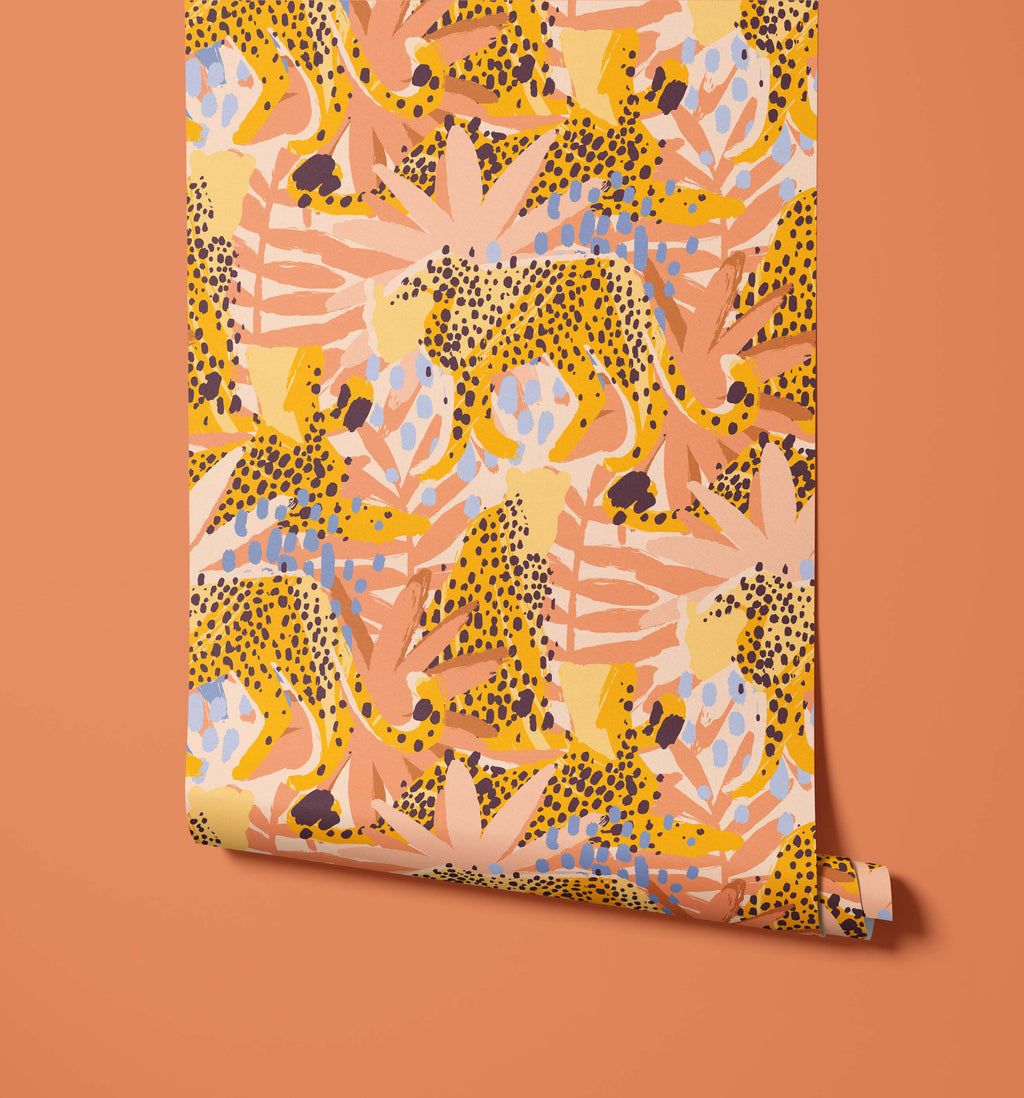 Spot Tropical Wallpaper with Leopards and Leaves
