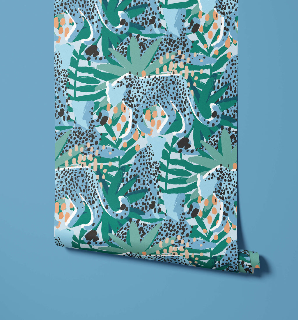 Spot Tropical Wallpaper with Leopards and Leaves