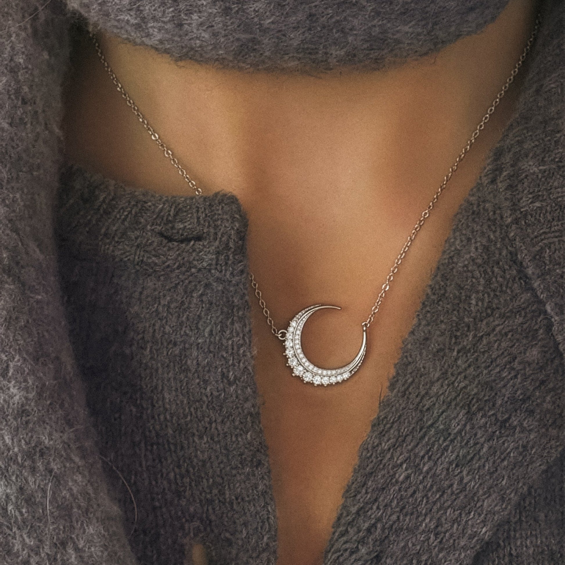 Crescent Moon Crystal Pendant Necklace in Sterling Silver
