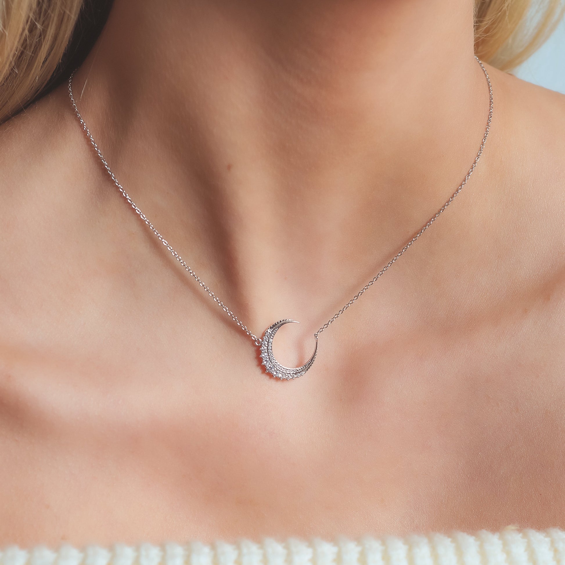 Crescent Moon Crystal Pendant Necklace in Sterling Silver