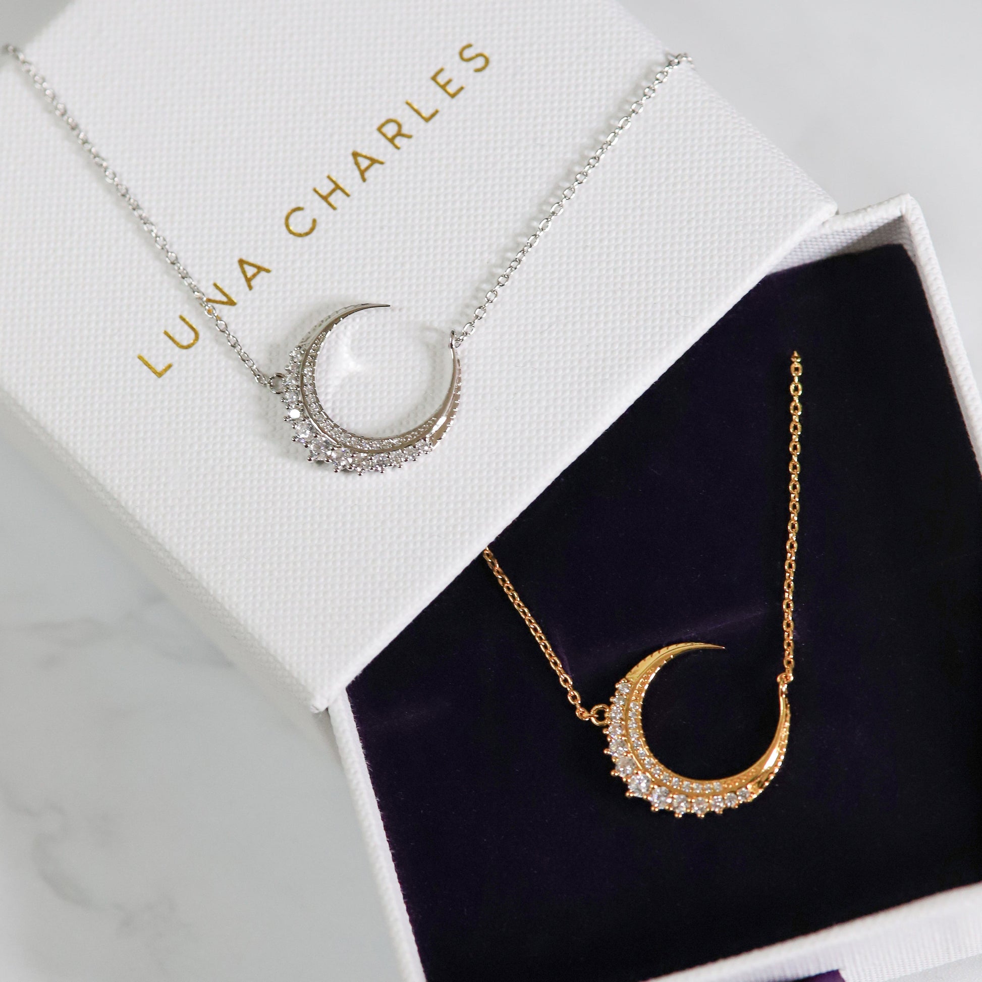 Crescent Moon Crystal Pendant Necklace in Sterling Silver