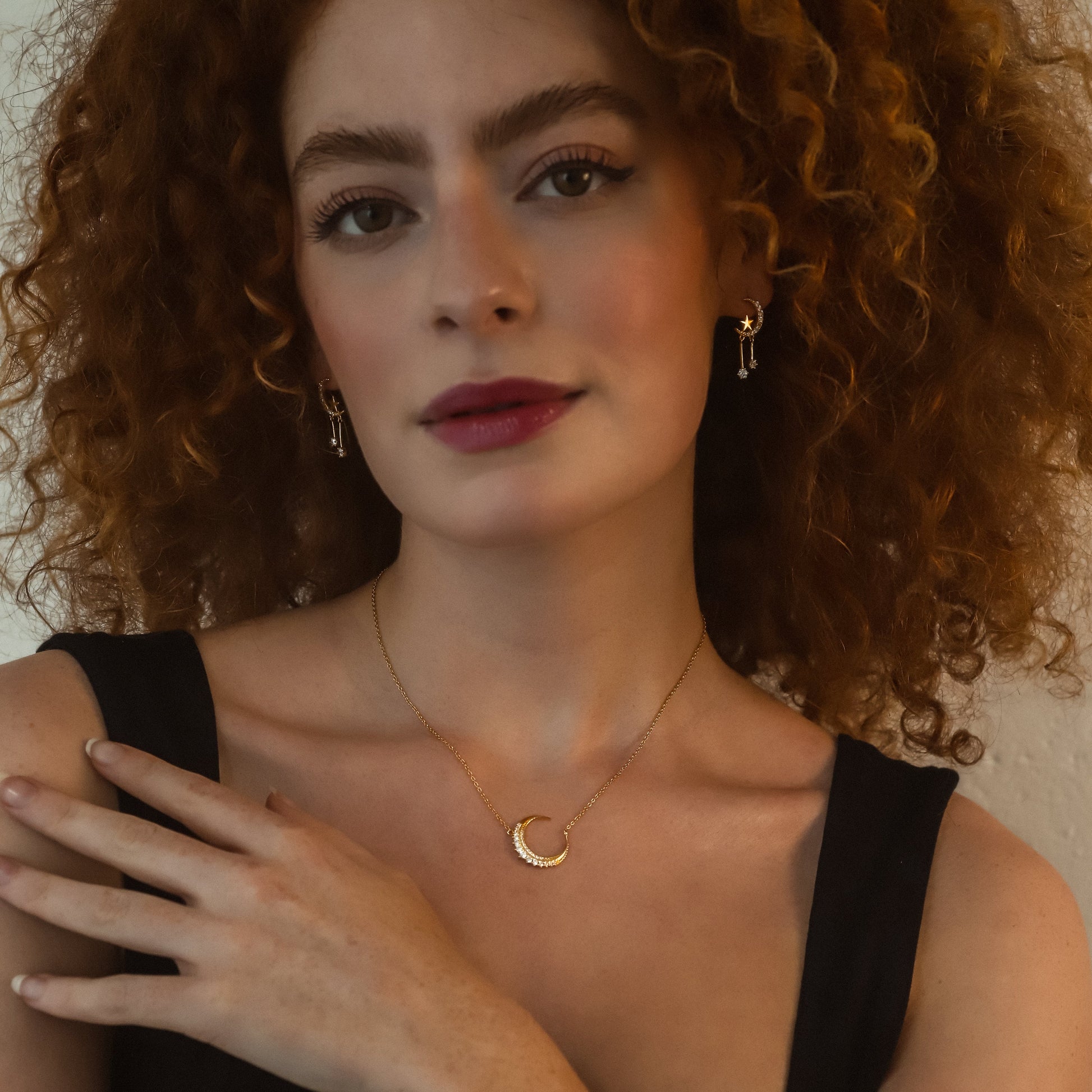 Moon and Star Drop Earrings in 18k Gold Plated Silver