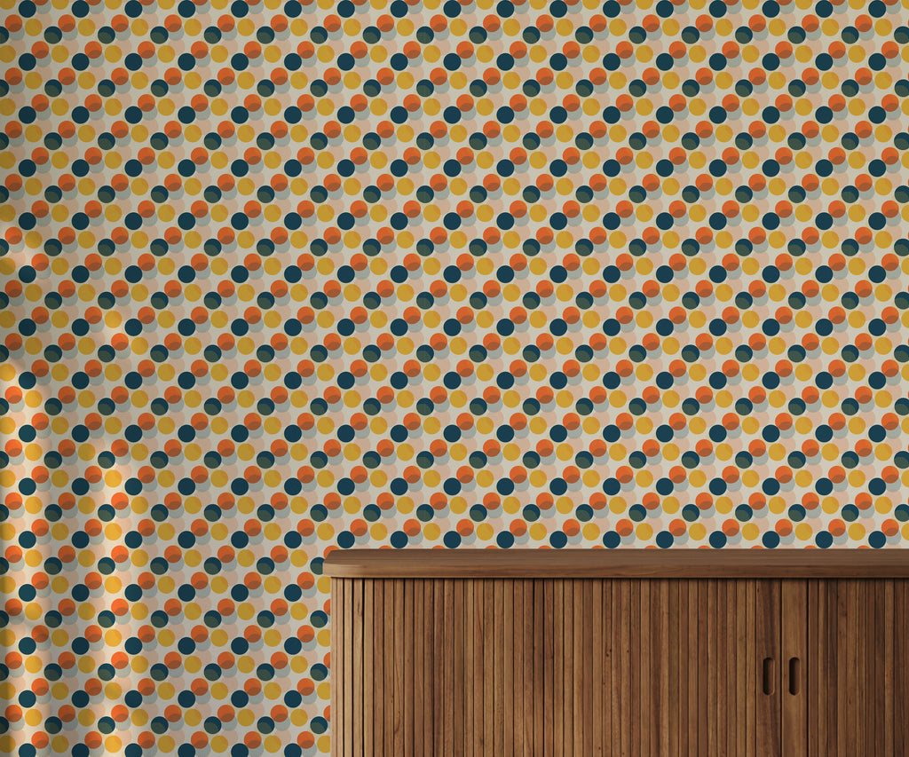 Mid Century Circle Wallpaper in Yellow Orange and Navy
