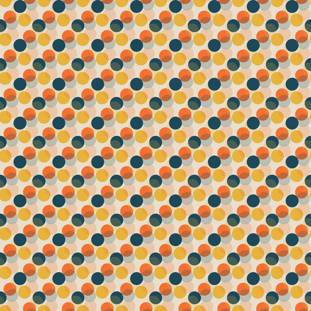Mid Century Circle Wallpaper in Yellow Orange and Navy
