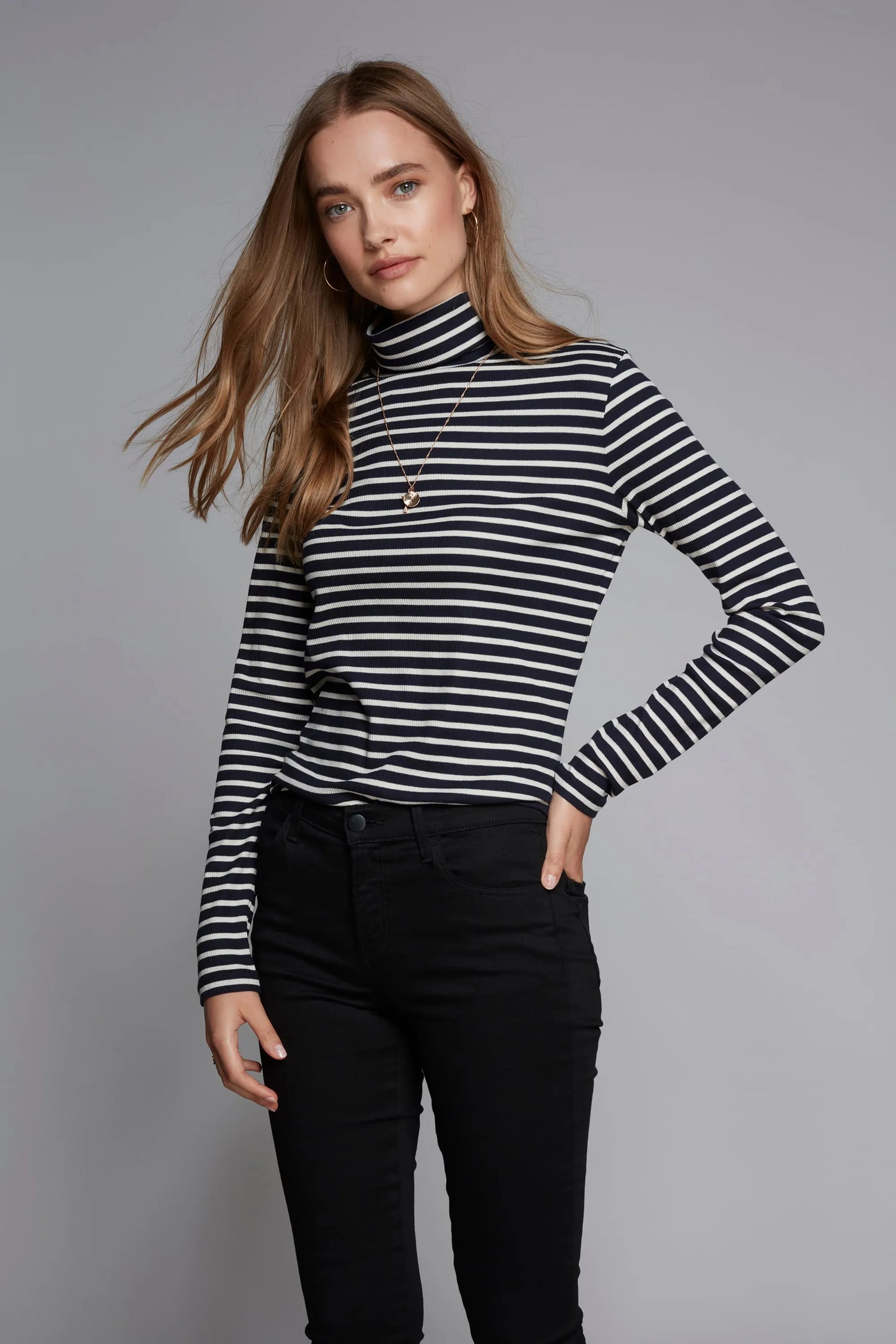 Striped Cotton Roll Neck Long Sleeve