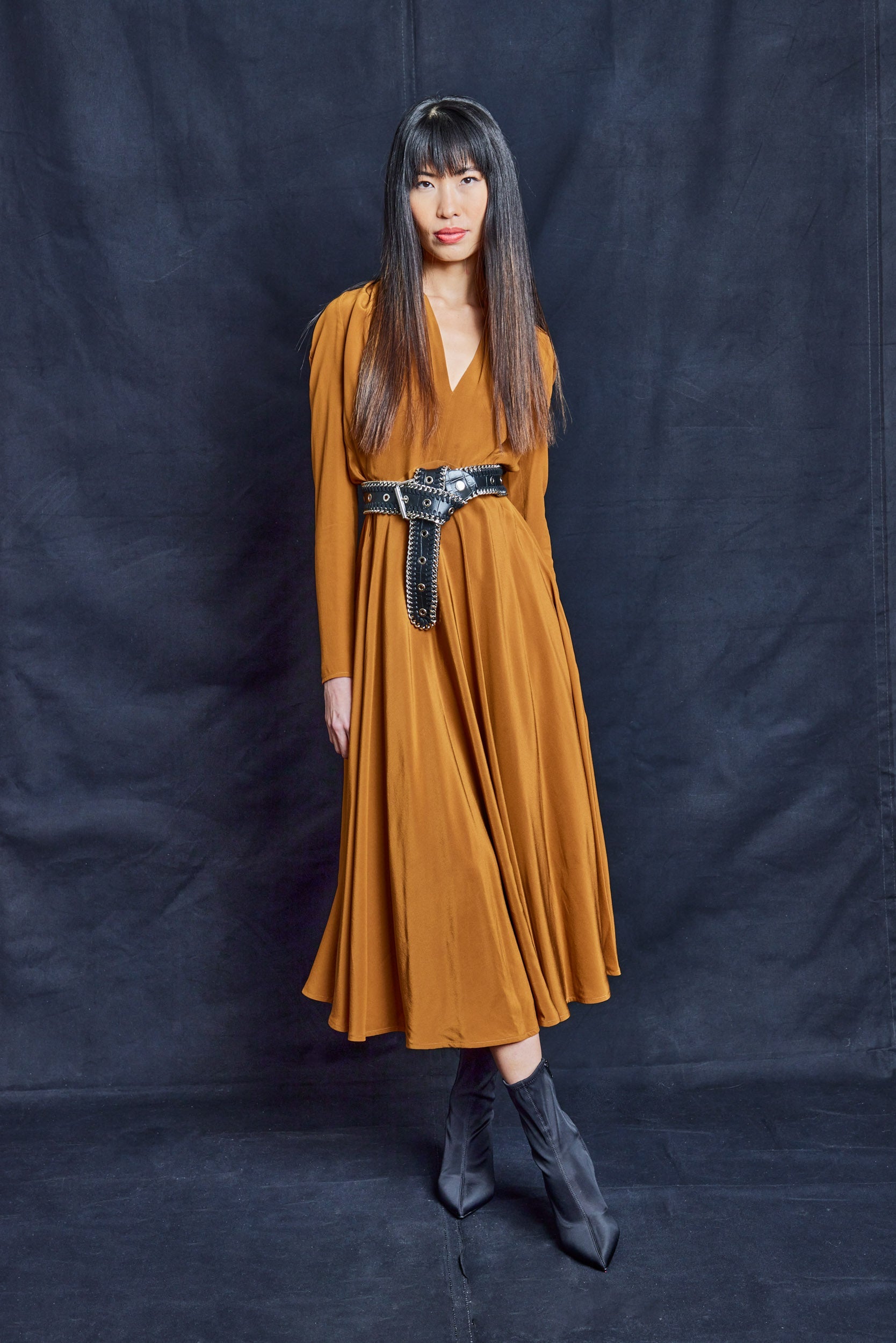 Tobacco Silk Maxi Dress with Open Back