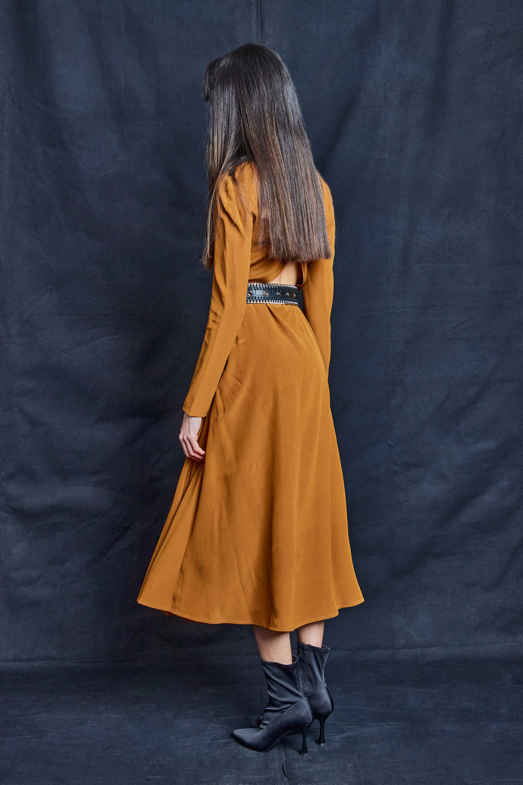 Tobacco Silk Maxi Dress with Open Back