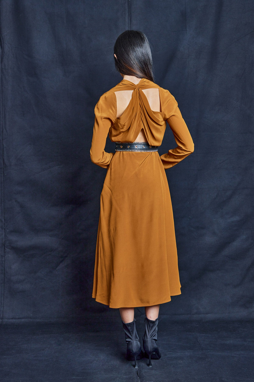 Tobacco Silk Maxi Dress with Open Back