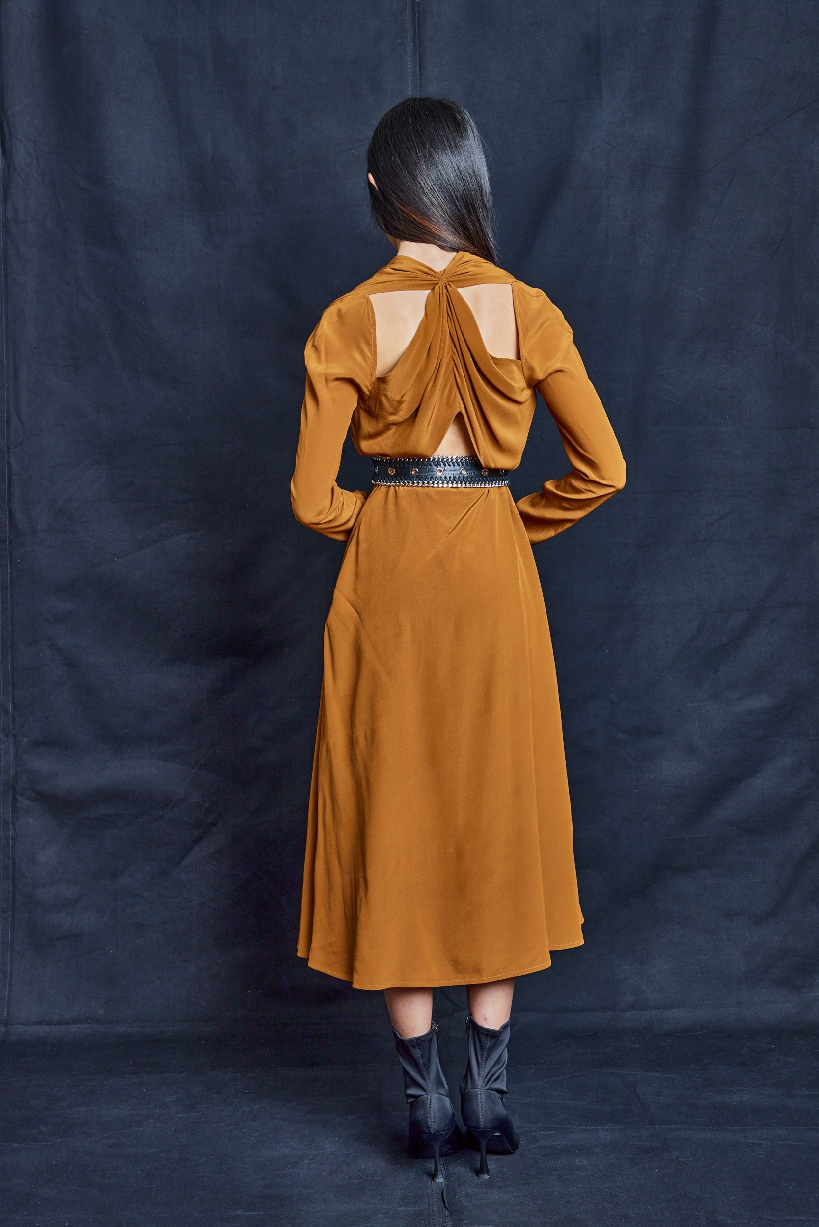 Tobacco Silk Maxi Dress with Open Back