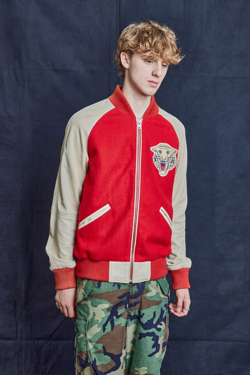 Eastern Promises Red Wool Bomber Jacket with Leather Sleeves