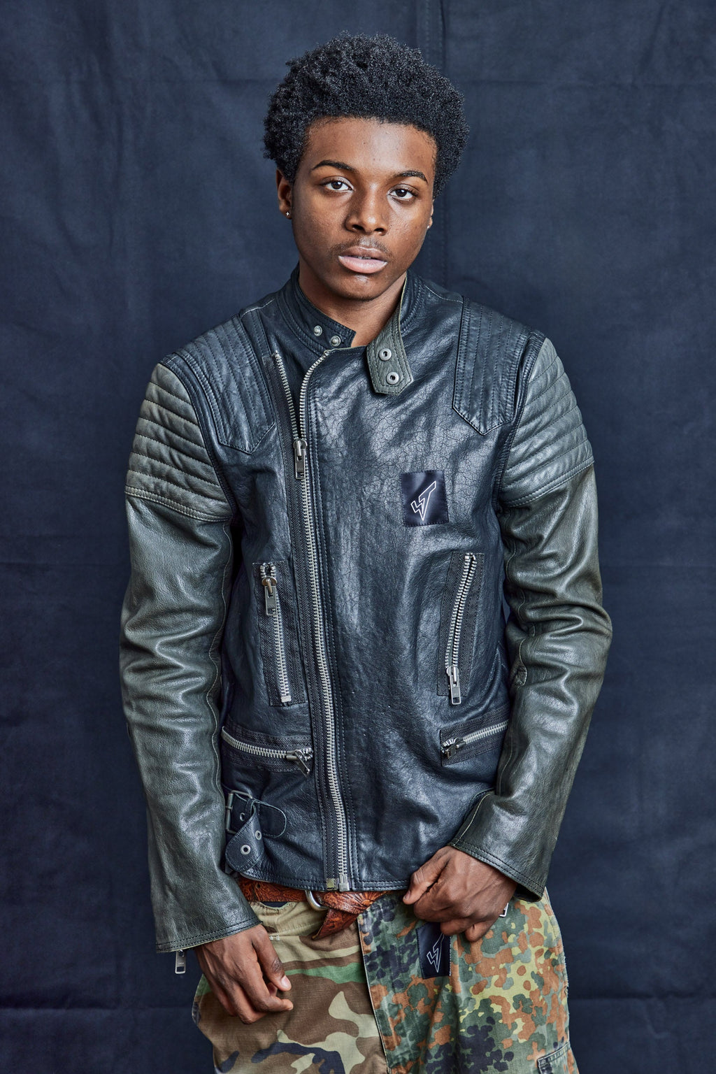 Contrast Sleeve Biker Jacket in Black Leather