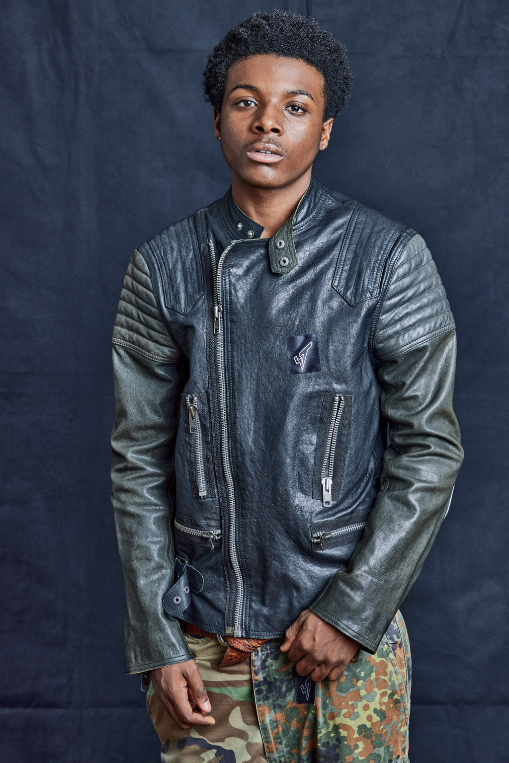 Contrast Sleeve Biker Jacket in Black Leather