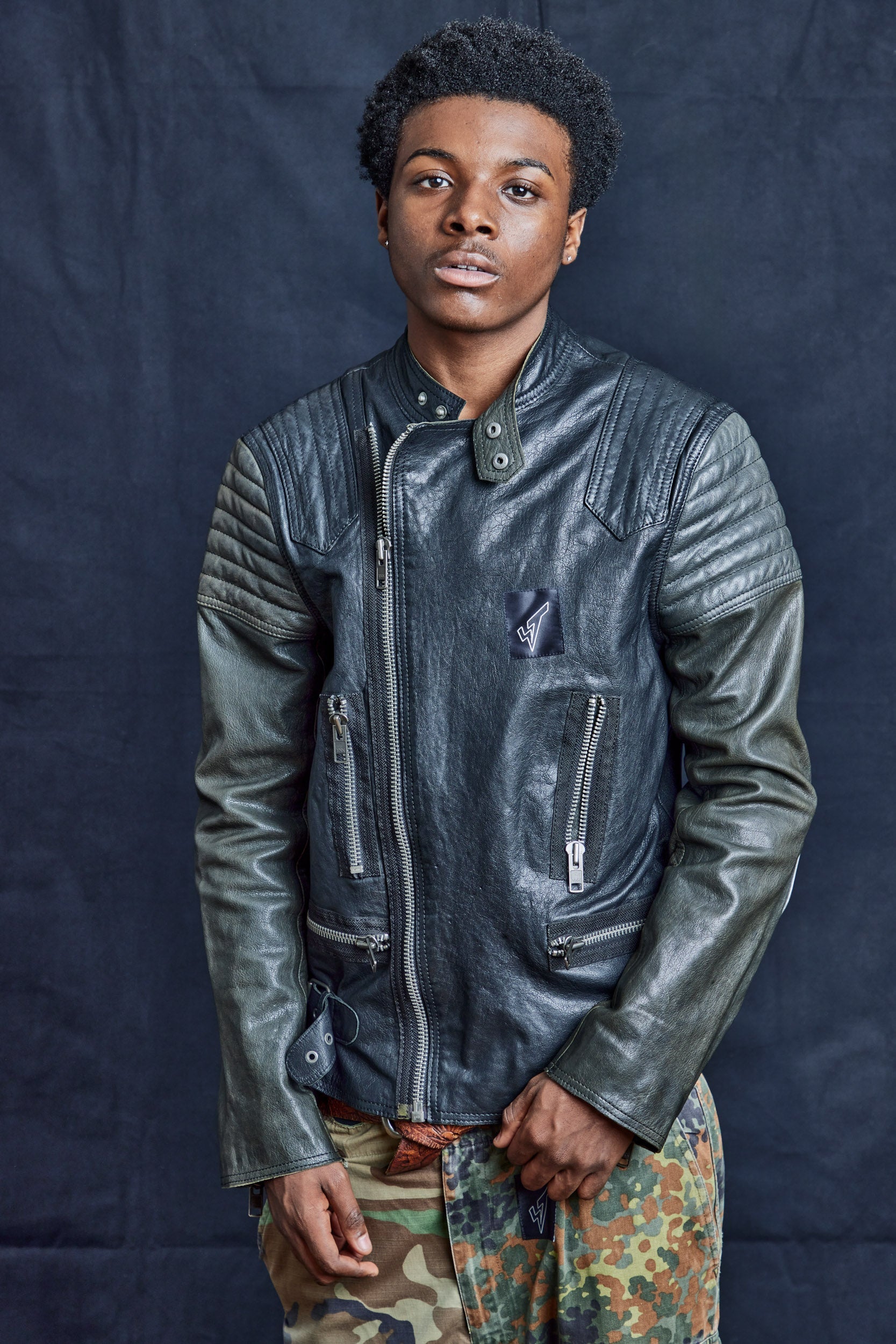 Contrast Sleeve Biker Jacket in Black Leather