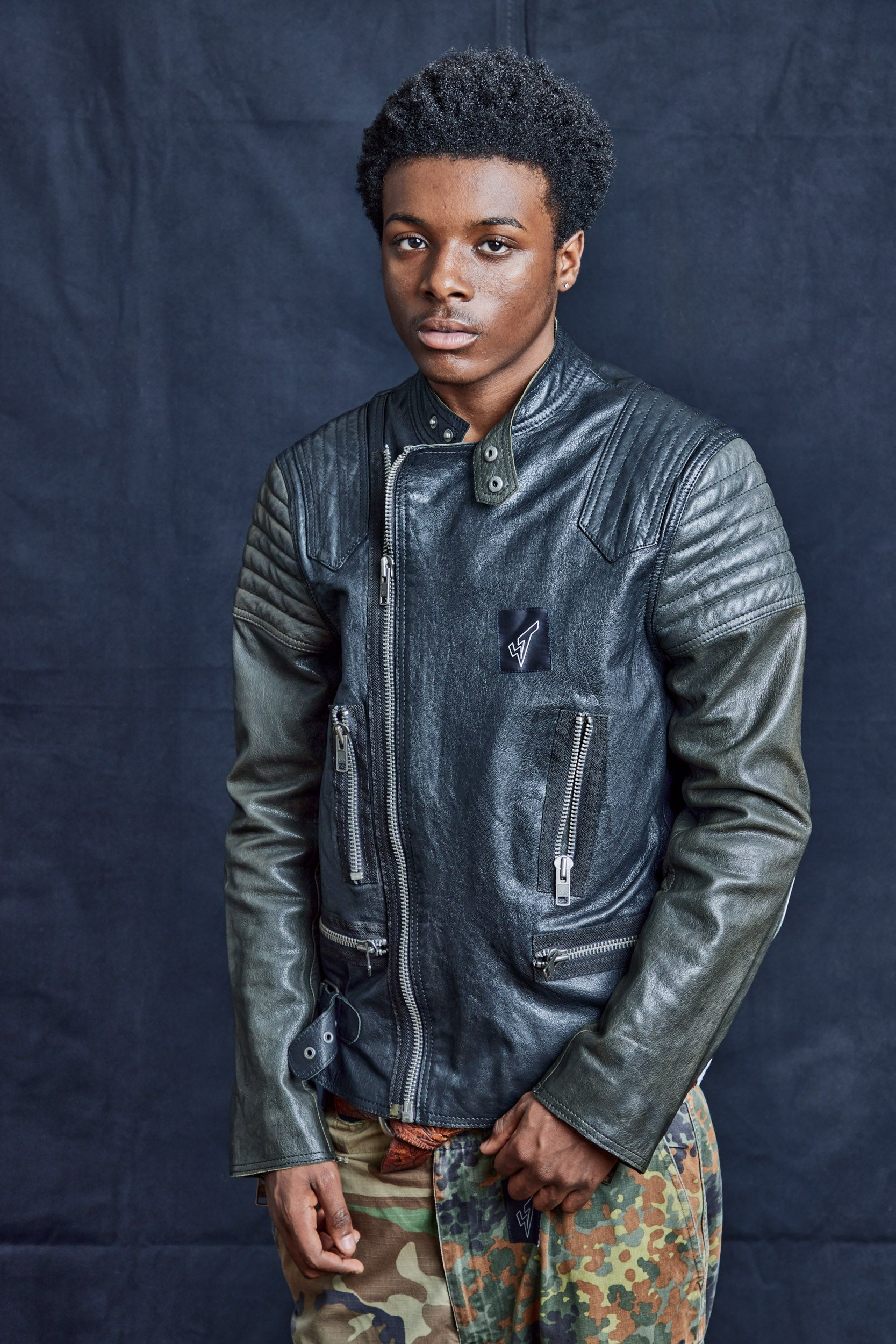 Contrast Sleeve Biker Jacket in Black Leather