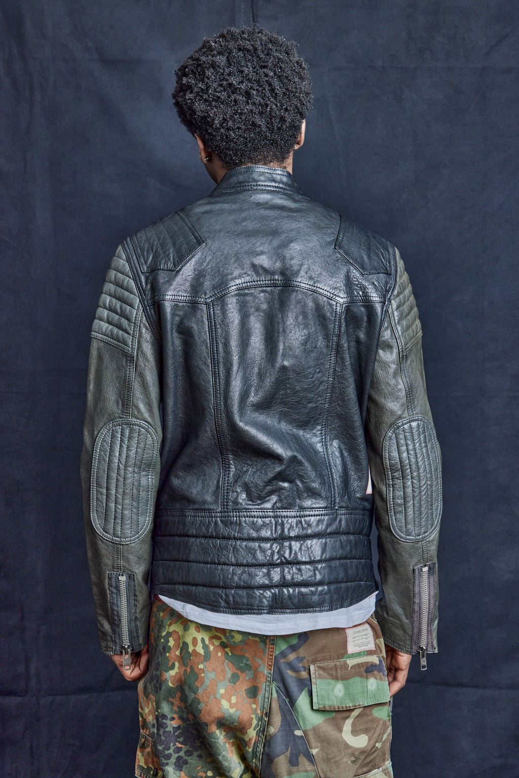 Contrast Sleeve Biker Jacket in Black Leather