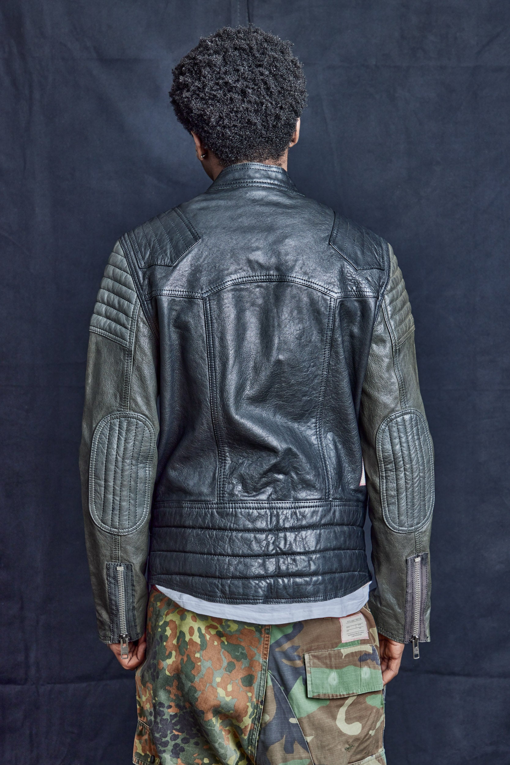 Contrast Sleeve Biker Jacket in Black Leather