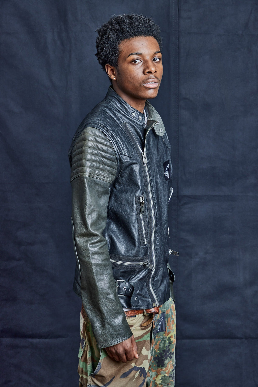 Contrast Sleeve Biker Jacket in Black Leather