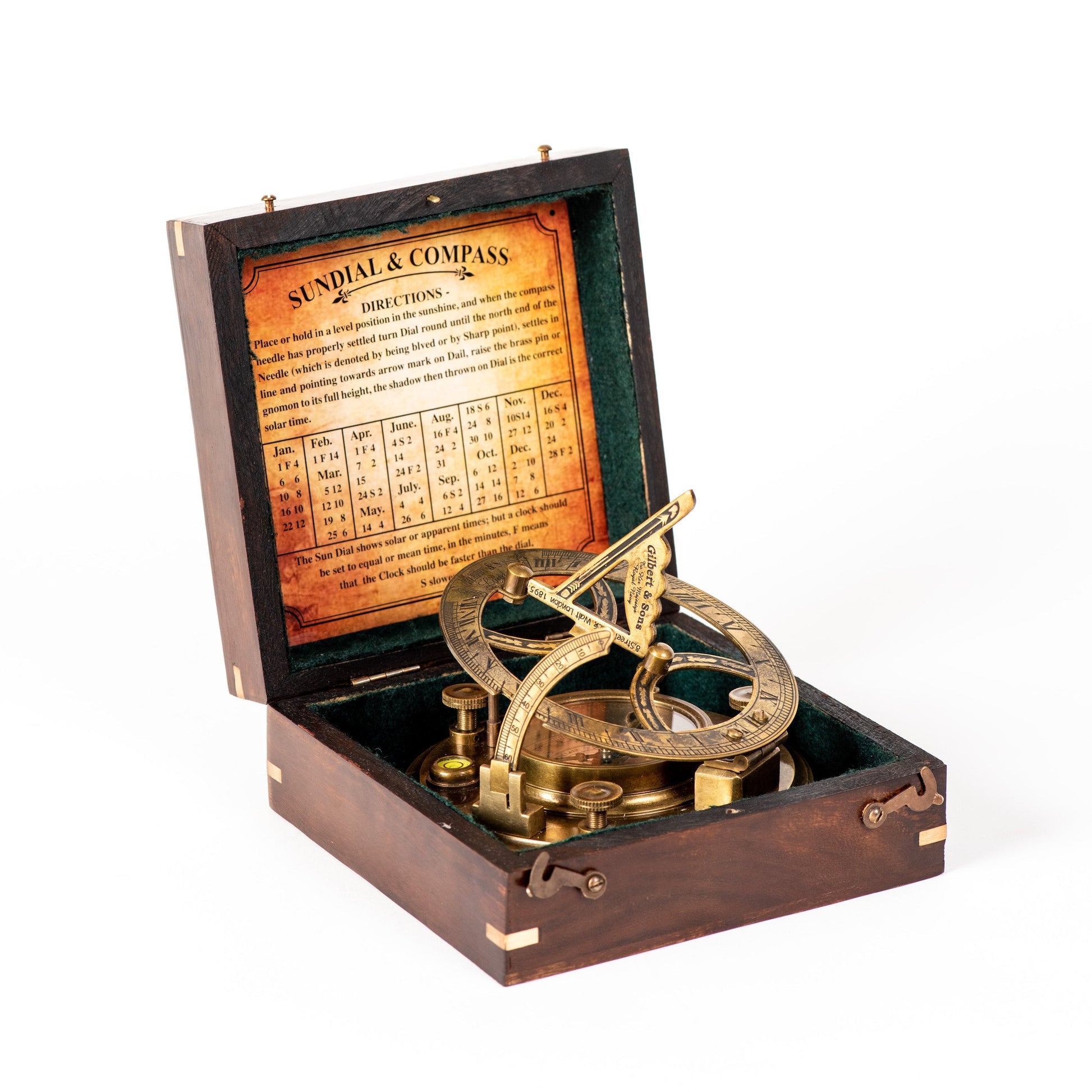Brass Sundial Compass with Rosewood Box