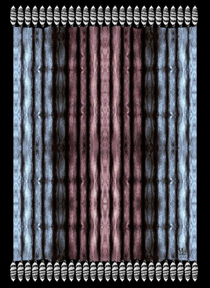 Blue and Burgundy Silk Scarf XL with Mink Effect and Tails Print