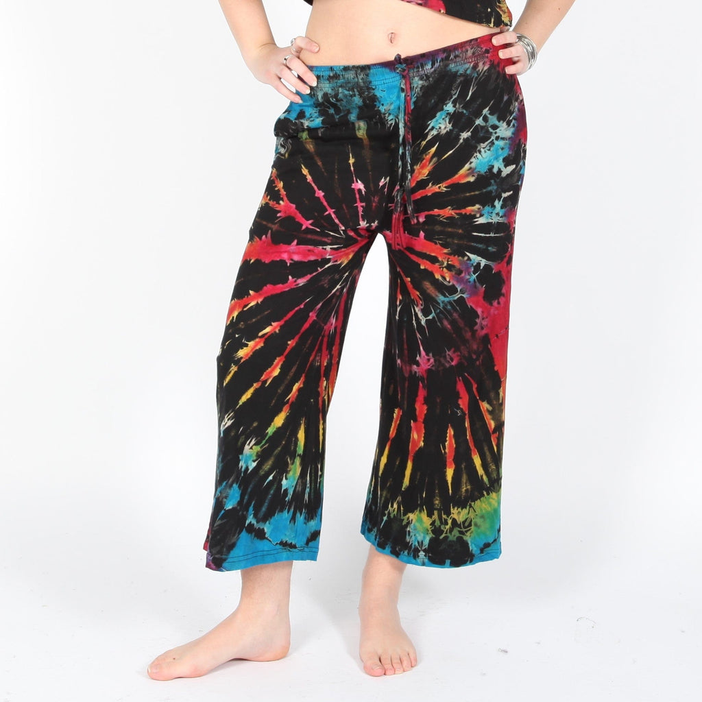 Tie Dye Culotte Trousers in Rainbow, Purple, Green and Yellow