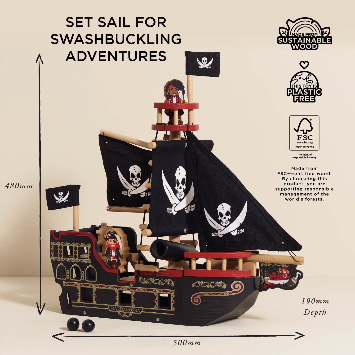 Pirate Ship Wooden Toy with Interactive Features