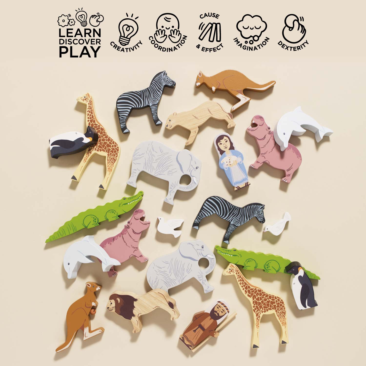 Wooden Noah's Ark with 20 Hand-Painted Animals