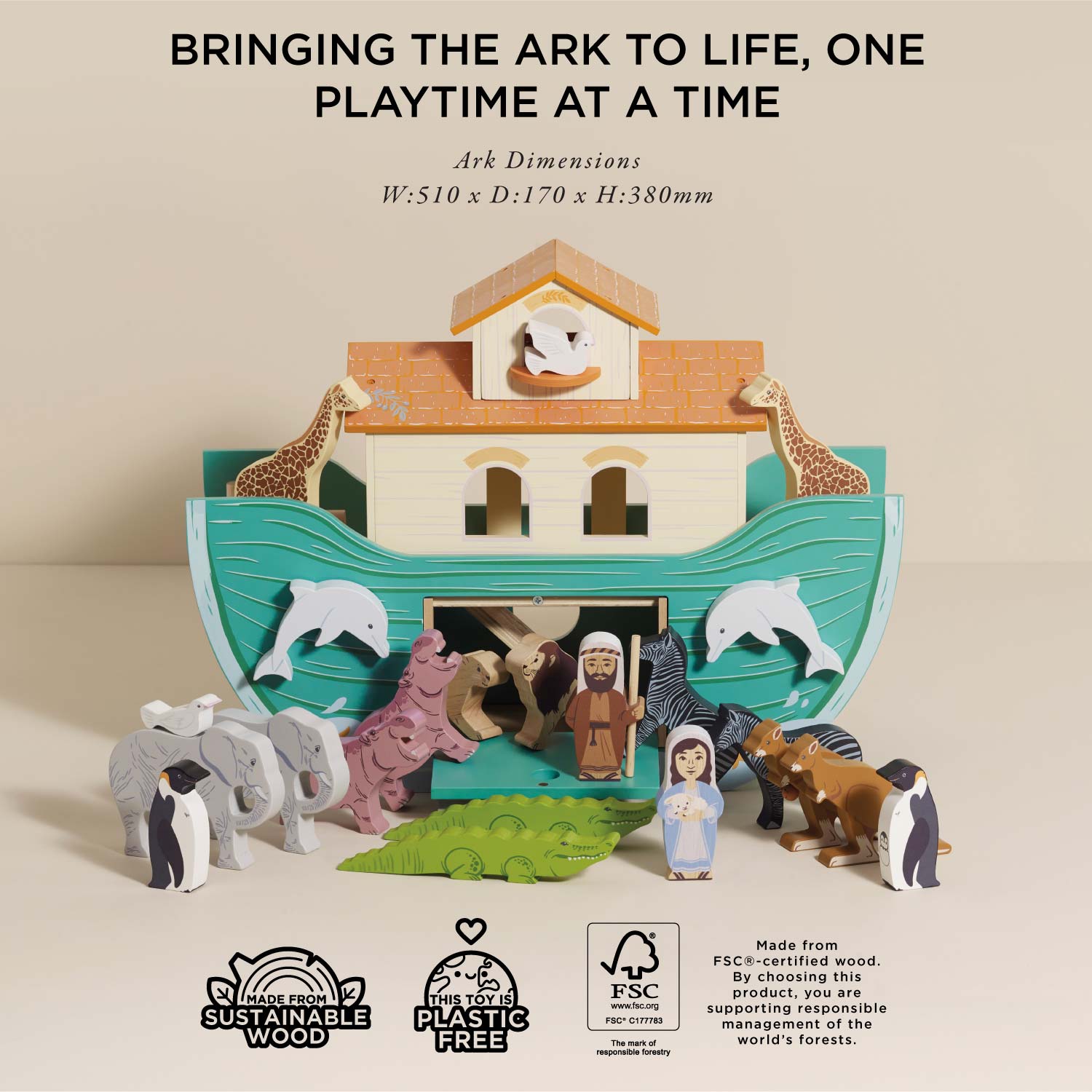 Wooden Noah's Ark with 20 Hand-Painted Animals