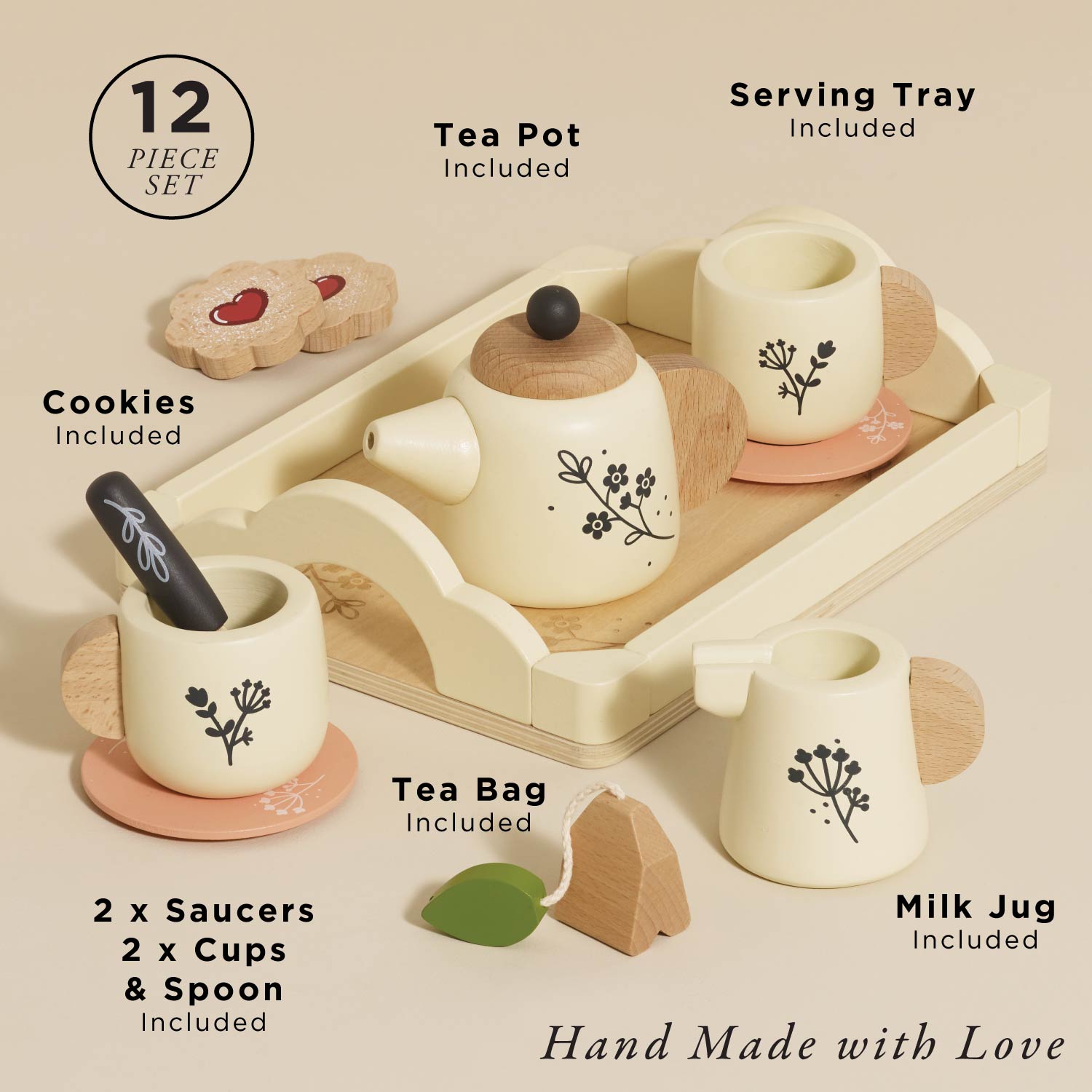 Wooden Tea Set and Tray for Kids